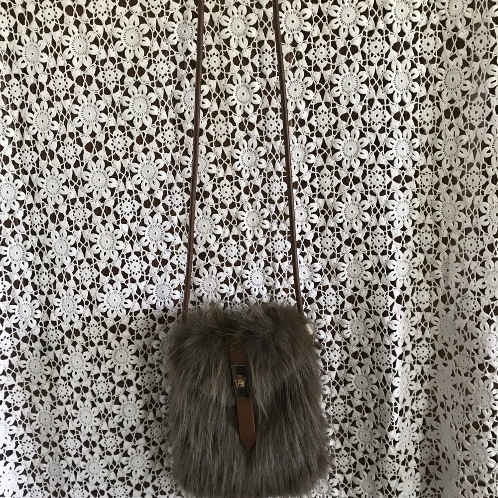 Faux Fur Crossbody Bag in Gray with Brown Strap